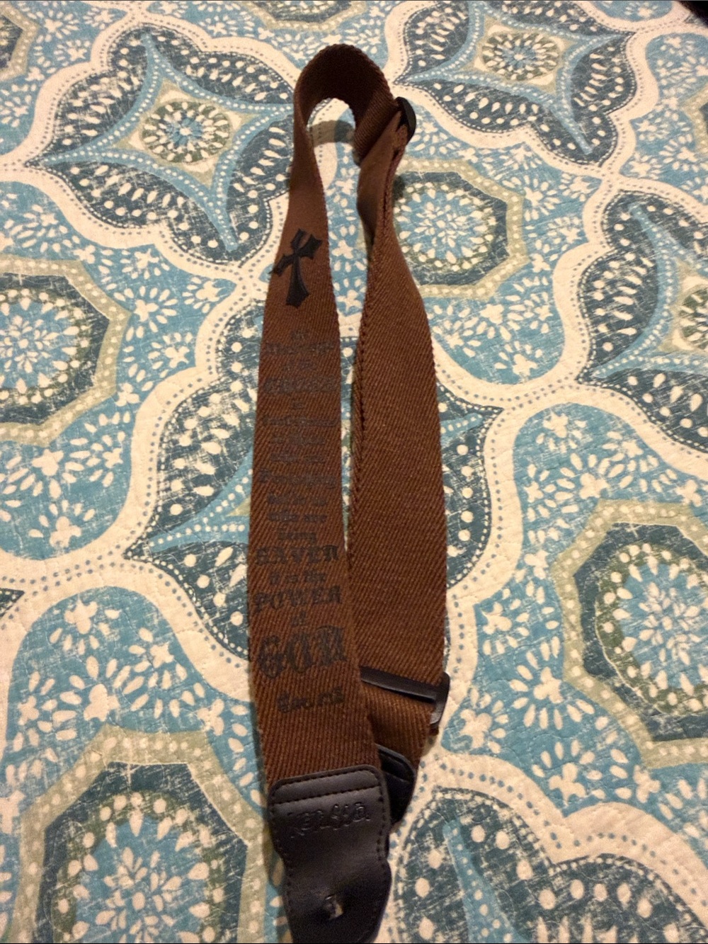 Kerusso brown Canvas and leather  adjustable Guitar Strap with scripture